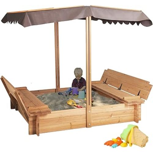 Kids Wooden Sandbox with Adjustable Canopy, Sand Box with Foldable Bench Seats for Aged 3-8 Years Old, Outdoor Sand Pit for Backyard Garden.