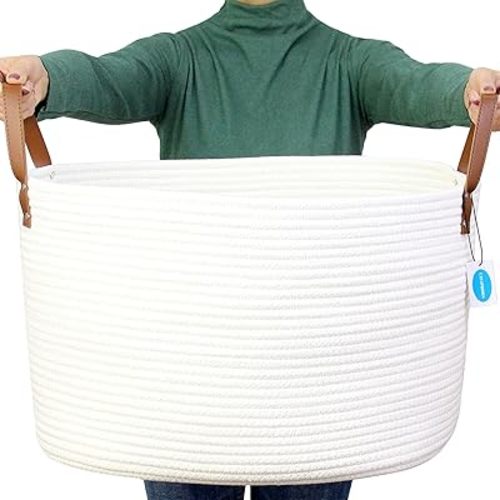 Casaphoria XXLarge Cotton Rope Basket for Living Room - Woven Storage Basket with long Handle for Blankets, Towels and Pillows Laundry Hamper | Cream (17.5" x 15" x 11.5")