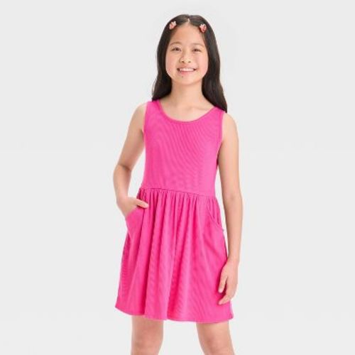 Girls' Ribbed Tank Dress - Cat & Jack™ Hot Pink XXL Plus: Lightweight Sleeveless Skater with Side Pocket, Scoopneck, Knee-Length