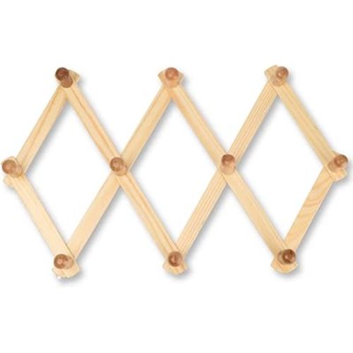 Natural Wooden Expandable 10 Peg Coat Hooks Key Holder Hat Closet Hook Fold Shelf Bathroom Rack Fixed On Wall Hanger(12.6inch,Wood Color)