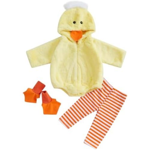 Twopumpkin Baby Chick Halloween Costumes Cute Infant Toddler Girl Boy Duck Costume Cape Sleeve Fuzzy Romper+Striped Leggings
