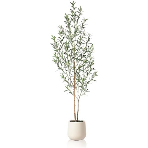 Olive Tree Artificial Indoor, 6ft (72in) Tall Fake Olive Trees with White Planter, Faux Silk Plants with Natural Wood Trunk, Large Fake Olive Potted Plants for Home Office Decor, 1 Pack