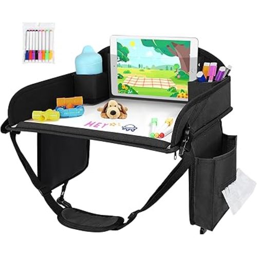 Kids Travel Tray for Car Seat, Toddler Road Trip Essentials With Drawing Kit, Travel Activities Must Haves (Black)