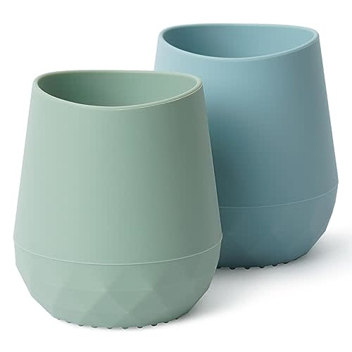 Seposeve Silicone Baby Cups for 6-12 Months, 12-24 Months, Pack of 2 Tiny Open Training Silicone Cup for Toddler, Baby Mouth-Like Design, with Capacity Markings, Green Blue