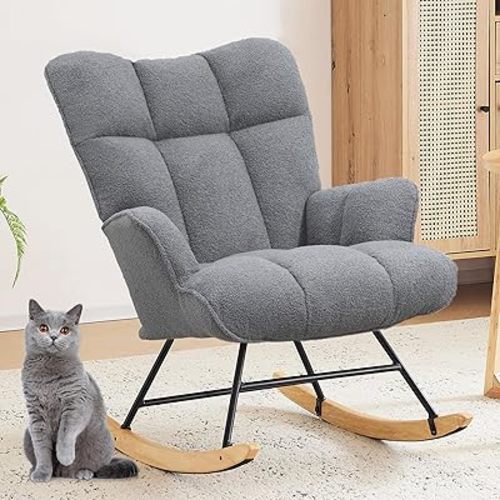 Nursery Rocking Chair Teddy Upholstered Glider Rocker Rocking Accent Chair with High Backrest Comfy Armchair with Padded Seat Soft Side Chair for Living Room Bedroom Office (Dark Grey Teddy)