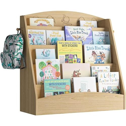 5-Tier Kids Bookshelf Montessori Toddler Book Rack Baby Bookcase Floor Front Facing Magazine Display Shelf for Bedroom Playroom Nursery Classroom Kindergarten Wood (Natural)