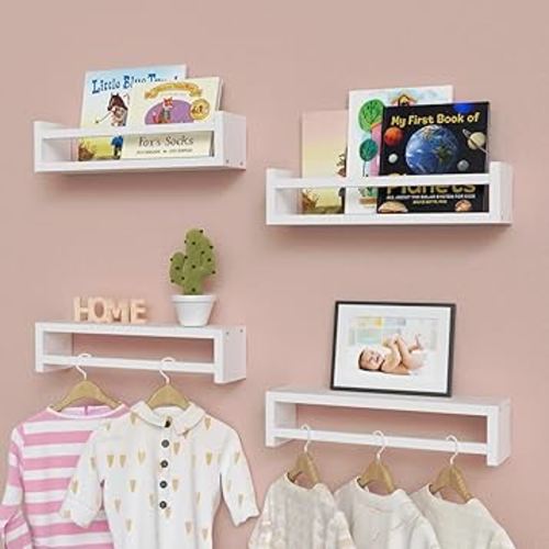 WOPITUES Nursery Book Shelves with Guardrail Set of 4, Nursery Decor for Toys, Kids' Drawings and Craft, Floating Bathroom Shelf Organizer for Cosmetics, Spice Rack Wall Mount for Kitchen- White