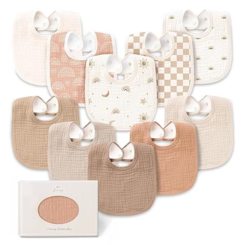 Konssy 10-Pack Muslin Baby Bibs, Soft Cotton Bandana Bibs for Drooling & Teething, Unisex Solid Colors for Boys & Girls, Newborn & Infant