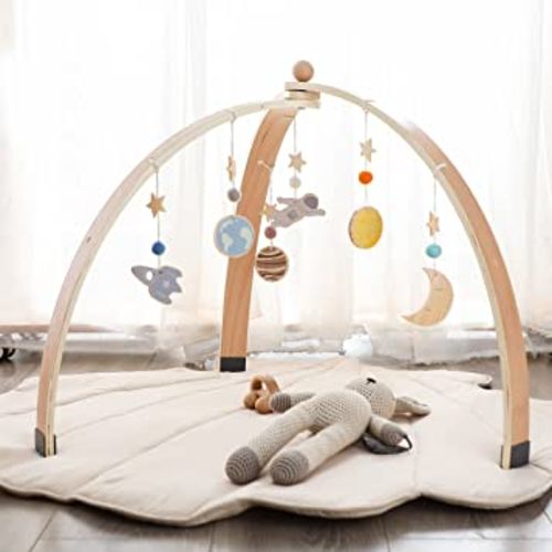 Wooden Baby Gym Foldable Baby Play Gym Frame Activity Center Hanging Bar with 6 Toys for Sensory Exploration and Motor Skill Development,Newborn Gift for Girls Boys(without Play Mat)