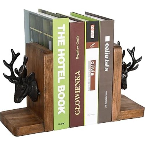 Vintage Cast Iron Deer Head & Antlers Design Decorative Elk Bookends for Shelves, Buck Book Holders, Reindeer Book Organizer, L-Shaped Wooden Desk Organizer, Heavy Duty Non-Skid Bookends (1 Pair)