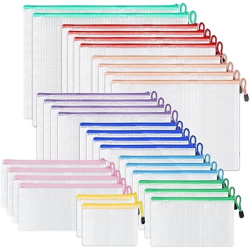 30 Pcs Mesh Zipper Bags, 9 Colors, 9 Sizes Waterproof Plastic Zipper Pouches, Multipurpose for Organizing, Home, School, Office, and Travel Storage