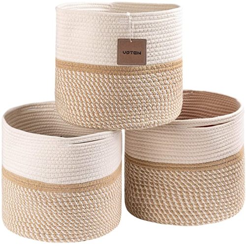 voten Cube Storage Basket Bins 11x11’’ Fit 12x12’’ Organizer Bookcases Shelving,Stylish&Durable Woven Cotton Basket Containers for Organizing 3-Pack Off White/Mixed Camel