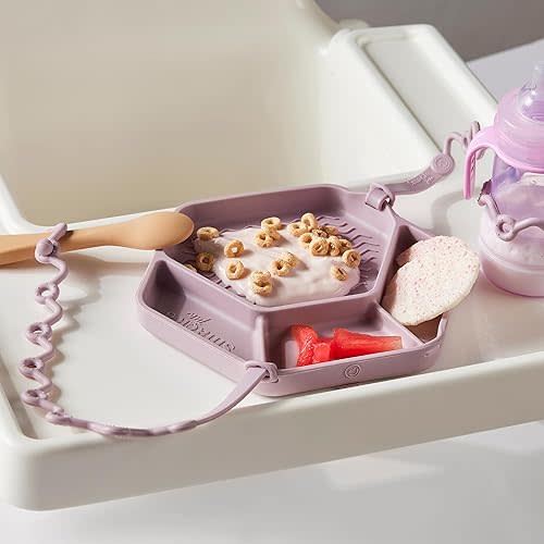 Smack Fun - The Original All-in-one Suction Plates + Safety Toy Straps - Silicone Suction Plates for Toddlers + Baby - First Foods + Self-Feeding. Comes with 2 straps (Pale Mauve)