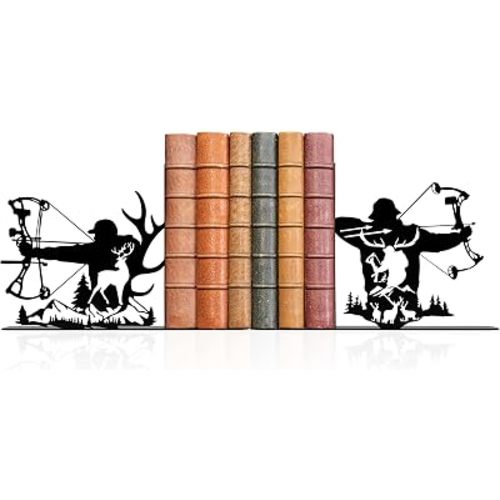 Hunting and Reindeer Metal Unique Bookends, Hunting Room Decor, Elk and Deer Head Decor, Decorative Bookends for Home Office Bookshelf Decor, Gift for Men Son Boyfriend Hunting Lovers