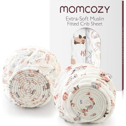 Momcozy Best Wishes Muslin Standard Fitted Crib Sheets, 52"x28", 2 Pack Soft Breathable Natural Cotton Baby Mattress Sheet, 360° Mattress Wrapping Boys Girls Neutral Toddler Bed Sheet, Farming Joy