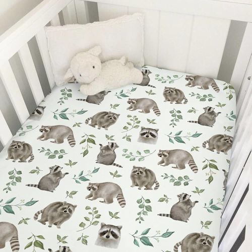Watercolor Raccoon Green Leaves Baby Crib Sheets 52''x28'' Raccoon Boho Retro Leaf Snug Fitted Crib Mattress Cover for Boy Girl Soft Nursery Baby Bed Sheet for Standard Crib and Toddler Mattresses
