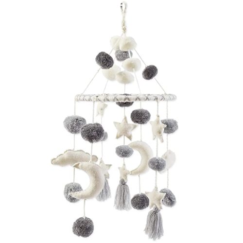 Mud Pie Pom Pom Stars and Clouds Celestial Crib Mobile - White and Grey, White/Grey - Grey/White