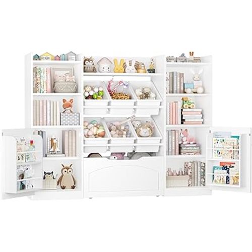 FINETONES 55” Toy Storage Organizer, 5-in-1 Kids Bookshelf with Movable Drawer and Book Shelves Behind The Doors, Toy Organizer Playroom Storage Organizer with 6 Toy Bins and 8 Storage Cubes, White