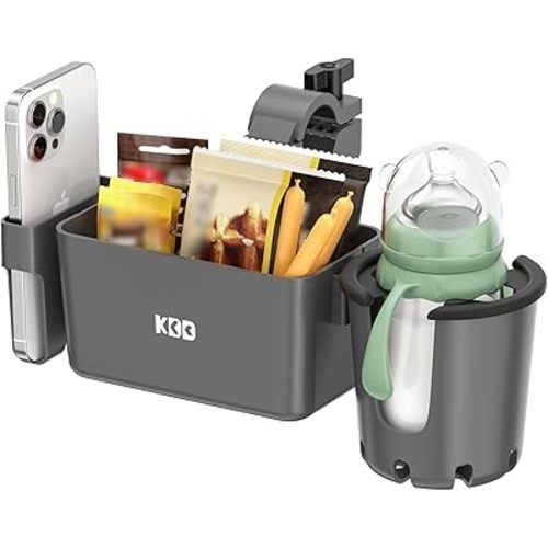 Stroller Cup Holder with Snack Tray, 3-in-1 Universal Stroller Tray with & Phone Holder, Removable Drink Holder, 360 Rotation Tray Attachment for Nuna, Wheelchair, Bike, Walker, Scooter (Grey)