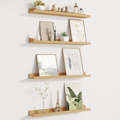 Fun Memories Picture Ledge Shelf for Wall, Floating Shelves Set of 4, 24 Inch Long Nursery Book Shelves for Toys Storage, Kids Bookshelf Wall Mounted for Books Photo Frames, Oak