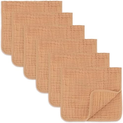 Muslin Burp ClothsLarge 100% Cotton Hand Washcloths 6 Layers Extra Absorbent and Soft (Caramel, 6-Pack, 20" X10" ) - 6-Pack 20"X10"