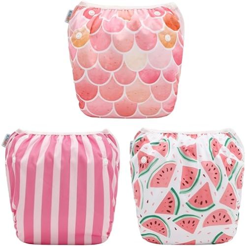 ALVABABY Baby Swim Diapers 3pcs One Size Reuseable Washable & Adjustable for Swimming Lesson & Baby Shower Gifts Blue Gray White 3SWY59