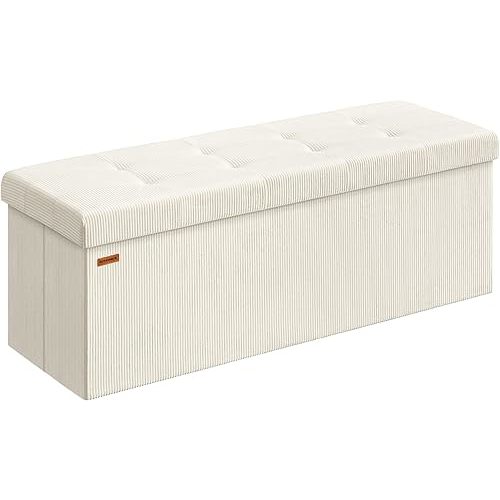 SONGMICS MAZIE Collection - Storage Ottoman Bench, Foldable Foot Rest, 15 x 43 x 15 Inches, End of Bed Bench, Storage Chest, Load 660 lb, Living Room, Bedroom, Entryway, Cream White ULSF604W01