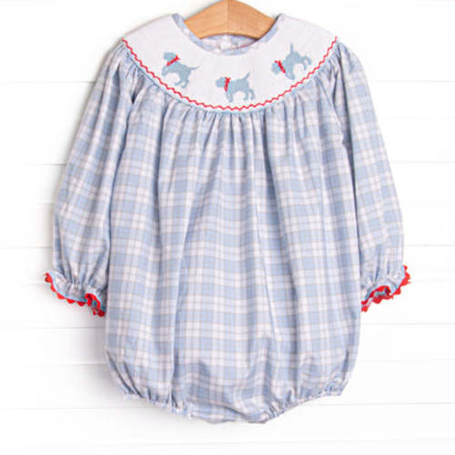 Plaid Pals Smocked Girl Bubble, Blue and Tan Plaid – Stitchy Fish