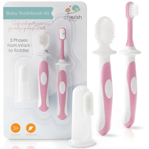 Cherish Baby Care Baby Toothbrush & Toddler Toothbrush Set (0-2 Years) - BPA-Free & Safety-Tested, 2023 Award Winner, Food-Grade Silicone (Pink)