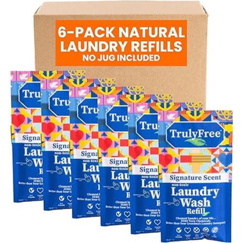 Truly Free Laundry Detergent for Sensitive Skin | Gentle & Safe for Baby Clothes | Plant-Based | 6 Pack Refill Powder | Easy to Dissolve to Create a Liquid | Signature Scent (300 Loads)