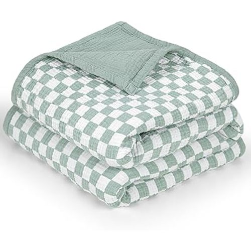 lulumoon Checkered Baby Blankets for Boys: Muslin Cotton Toddler Blanket for Daycare - Soft Lightweight for Nursery Stroller 47"× 47"（Sage Checkered）