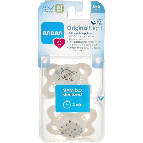 MAM Night Pacifiers (2 Pacifiers & Sterilizing Box), MAM Pacifiers 0-6 Months, Best Pacifier for Breastfed Babies, Unisex, Glow in the Dark Pacifier