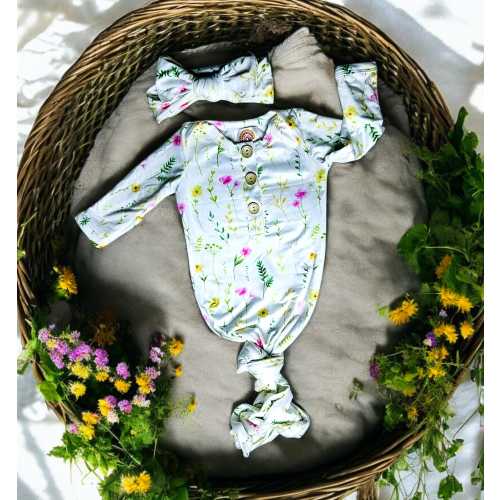 Wild flowers knotted gown and bow set 0-3mo