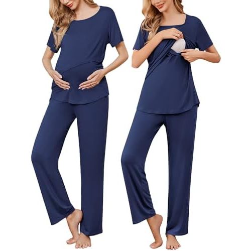 Ekouaer Women's Nursing Pajamas Maternity Pajama Postpartum PJS Breastfeeding Short Sleeve Top & Pants Sets with Pockets