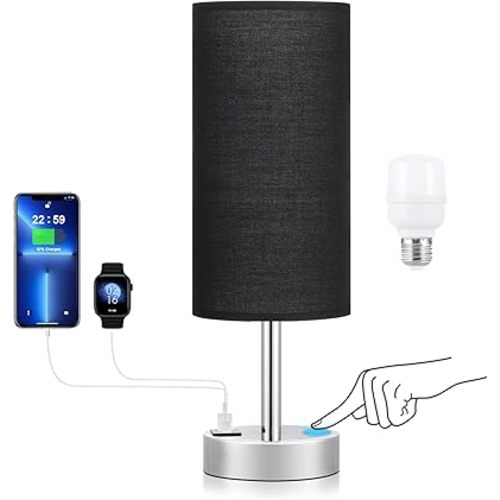 Black Touch Bedroom Table Lamps - Nightstand Lamp with USB-C and USB Charging Ports, 3 Way Dimmable Small Bedside Lamp with Fabric Shade Silver Base for Living Room, Dorm Room, Office, Reading
