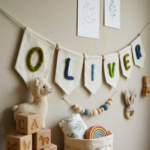 Custom Yarn Name Banner, Neutral Nursery Garland, Fabric Bunting, Baby Boy Decor