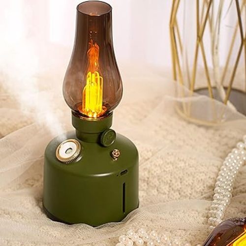 Humidifier Vintage Lantern with Lamp, Kerosene Lamp Shaped Quiet Home Humidifier, Aromatherapy Diffuser, 2 Mist Settings, Stepless Dimming, 260ML (Green)
