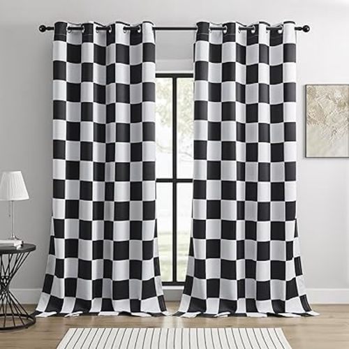 100% Blackout Curtains – Black and White Checkered Race Flag Pattern, 2 Panels, Each W52×L96, Thermal Insulated, Nosie Reducing for Bedroom, Living Room, Modern Sporty Design