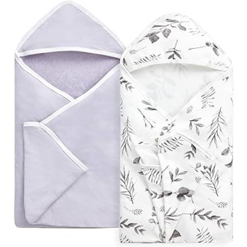 Momcozy Baby Hooded Towel-Made from Cotton, Suitable for Newborn Shower Gifts, 2 Count (Pack of 1), 28 X 28 Inch, Ink Wash Leaves