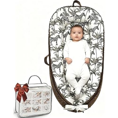 Baby Lounger-Breathable and Soft Organic 100% Cotton, Portable Infant Lounger with Removable Lounger Cover, Baby nest Lounger for Newborn - Brown Zebra