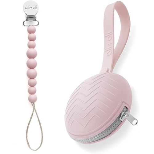 Ali+Oli (Pink) Bundle Duo, Modern Pacifier Case & Pacifier Clip, BPA Free Food-Grade Silicone, Gift Set for Baby