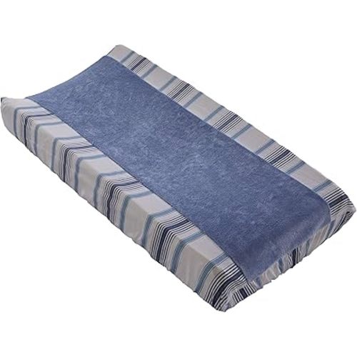 Levtex Baby - Boho Bay Diaper Changing Pad Cover - Fits Most Standard Changing Pads - Blue Plush, Navy Blue and White Stripe - Nursery Accessories - Plush