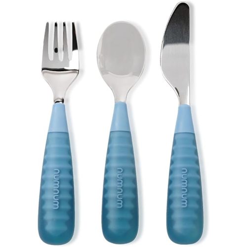 NumNum Toddler Utensils, Pre-Spoon, Fork, Spoon & Knife GOOtensils - 4th Stage Silverware Feeding Kids Aged 2+ Years w/Stainless Steel Heads - Silicone Food Feeding Supplies - Set of 3, Pacific Blue