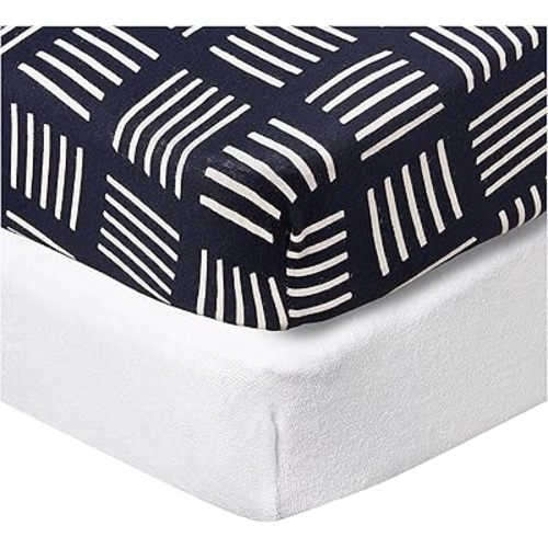 HonestBaby 2-Piece Organic Cotton Printed & Terry Changing Pad Cover Set, Sketchy Square Dark Navy, One Size