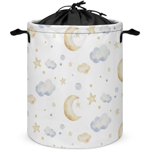 Cute Cartoon Cloud Moon And Stars Laundry Basket with Handle, Gold And Grey Drawstring Round Collapsible Storage Bin Dirty Clothes Hamper for Kids Bedroom Bathroom - Style-4