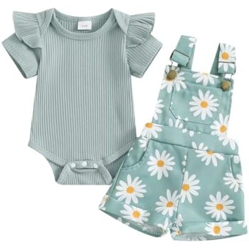 Baby Girl Overall Outfit Fly Sleeve Ribbed Romper Sunflower Suspender Jumpsuit With Bow Set Cute Summer Clothes