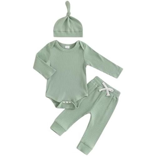 Newborn Baby Boy Girl Outfits Long Sleeve Striped Ribbed Knitted Romper Pants Hat 3Pcs Infant Fall Winter Clothes