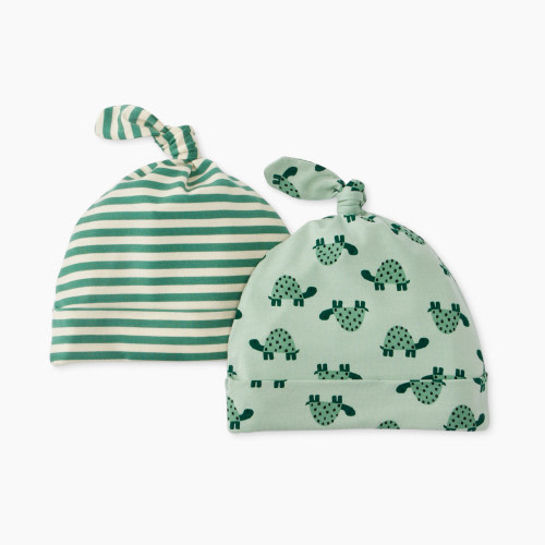 Hanna Andersson 2-Pack Baby Layette Top Knot Beanie in HannaSoft™ - Mini Turtle On Seafoam, 0-3 M