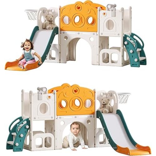 Toddler Slide Kids Slide for Baby Outdoor Indoor Playset for Toddlers with Basketball Hoop Set Telescope for Backyard Playground