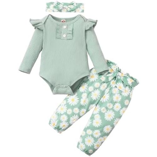 Kislio Newborn Baby Girls Clothes Ribbed Ruffled Romper+Floral Pants+Headband Infant Outfit Set